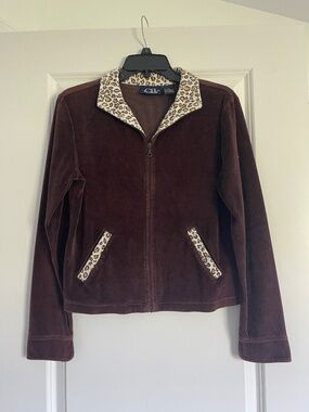 C.B. Casual Brown Jacket With Leopard Print Trim On Collar, Pockets, Sleeves